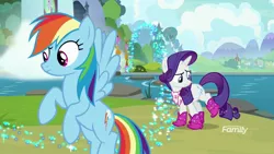 Size: 1920x1080 | Tagged: safe, derpibooru import, screencap, rainbow dash, rarity, pegasus, pony, unicorn, the end in friend, azurantium, boomerang (tv channel), boots, clothes, female, glitter, glitter boots, mare, neckerchief, outdoors, river, shoes, sparkles, stepping stones, waterfall, youtube link