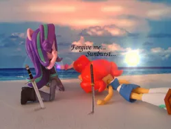 Size: 1300x975 | Tagged: safe, artist:whatthehell!?, derpibooru import, starlight glimmer, sunset shimmer, equestria girls, beach, clothes, doll, equestria girls minis, eqventures of the minis, implied sunburst, irl, japanese, katana, merchandise, ocean, photo, sand, sandals, shoes, skirt, socks, sun, sunset, sunset sushi, sword, toy, weapon