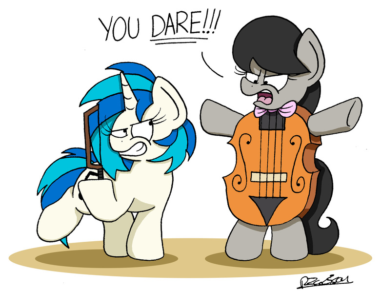 Size: 1989x1528 | Tagged: safe, artist:bobthedalek, derpibooru import, octavia melody, vinyl scratch, earth pony, pony, unicorn, angry, atg 2018, bipedal, bow (instrument), cello, grin, musical instrument, newbie artist training grounds, redraw, smiling, transformation