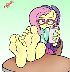 Size: 2160x2210 | Tagged: alternate hairstyle, anthro, artist:benjipaws, barefoot, clothes, coffee, cup, derpibooru import, digital art, fake it 'til you make it, feet, female, fetish, fluttershy, foot fetish, foot focus, glasses, hipstershy, pegasus, plantigrade anthro, soles, solo, solo female, suggestive, sweat, table, toes