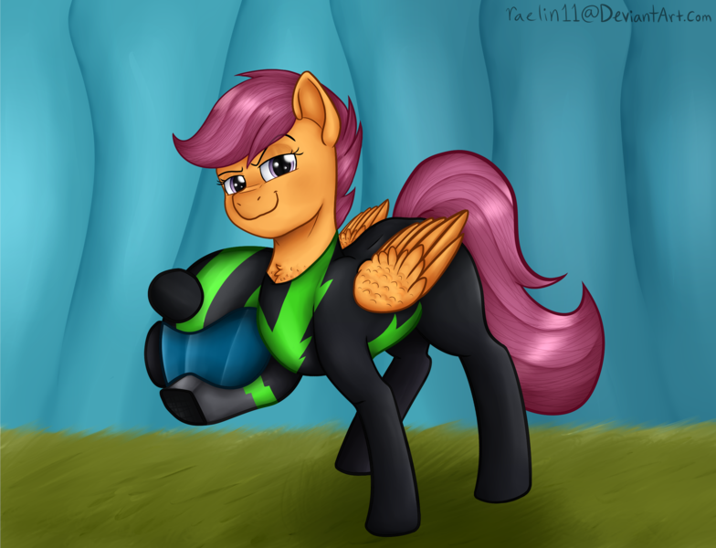 Size: 2600x1990 | Tagged: safe, artist:raelin11, derpibooru import, scootaloo, pegasus, pony, the washouts (episode), chest fluff, clothes, female, filly, helmet, pint-sized dynamite, scene interpretation, smiling, smirk, solo, traitor, traitorloo, uniform, washouts uniform