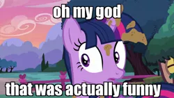 Size: 1280x720 | Tagged: safe, derpibooru import, edit, edited screencap, screencap, twilight sparkle, twilight sparkle (alicorn), alicorn, pony, castle sweet castle, caption, cloud, female, fence, fluttershy's cottage, image macro, mare, meme, mud, reaction image, shocked, solo, text, tree