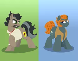 Size: 1836x1438 | Tagged: safe, artist:binkyt11, derpibooru import, doctor caballeron, rogue (character), earth pony, pony, atg 2018, cutie mark, duo, eyebrows, gradient background, grin, henchmen, hooves, lineless, looking at each other, male, minimalist, modern art, newbie artist training grounds, raised hoof, scar, smiling, stallion