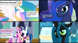 Size: 1282x720 | Tagged: safe, derpibooru import, princess cadance, princess celestia, princess luna, queen chrysalis, shining armor, alicorn, changeling, changeling queen, pony, unicorn, comic:celestia's servant interview, caption, female, interview, meta