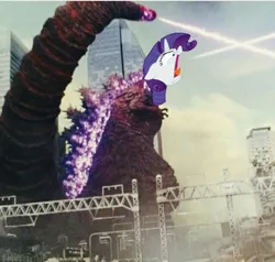 Size: 638x608 | Tagged: atomic breath, caption, city, derpibooru import, edit, friendship university, godzilla, godzilla (series), image macro, japan, kaiju, meme, safe, shin godzilla, shouting rarity, text, wat, weaponized tail