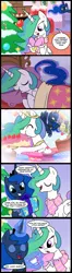 Size: 656x2500 | Tagged: safe, artist:madmax, derpibooru import, princess celestia, princess luna, alicorn, pony, biting, cake, cakelestia, comic, cup, dream walker luna, female, food, glowing horn, hearth's warming, hearth's warming eve, hearth's warming tree, horn, inception, levitation, magic, magic aura, mare, nom, pillow, pillow biting, royal sisters, sleeping, teacup, telekinesis, tree