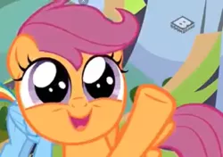 Size: 1022x720 | Tagged: safe, derpibooru import, screencap, scootaloo, pegasus, pony, the washouts (episode), cropped, cute, cutealoo, female, filly, open mouth, raised hoof, wide eyes