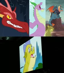 Size: 1920x2160 | Tagged: basil, comic con, comparison, derpibooru import, dragon, dragon lord torch, dragonshy, edit, edited screencap, father knows beast, gauntlet of fire, male, open mouth, princess ember, rex (dragon), safe, san diego comic con, screencap, secret of my excess, sludge (dragon), spike, spikezilla