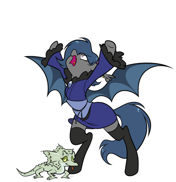 Size: 1196x1238 | Tagged: source needed, safe, artist:egophiliac, derpibooru import, oc, oc:river rhythm, unofficial characters only, bat pony, frill-necked lizard, gecko, lizard, reptile, clothes, female, hairband, kimono (clothing), mare, screaming, silly, simple background, socks, solo, thigh highs, transparent background