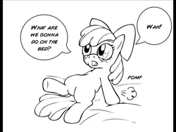 Size: 640x480 | Tagged: artist needed, safe, derpibooru import, apple bloom, earth pony, pony, bed, blushing, dialogue, female, filly, pomf, sketch, solo, what are we gonna do on the bed?