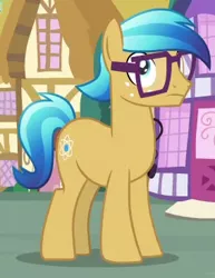 Size: 283x367 | Tagged: safe, derpibooru import, screencap, quantum leap (character), crystal pony, earth pony, pony, fame and misfortune, background pony, cropped, glasses, gradient hair, male, stallion