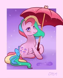 Size: 803x997 | Tagged: safe, artist:donkeyinthemiddle, derpibooru import, parasol (g1), earth pony, pony, abstract background, bow, female, g1, looking at you, mare, puddle, rain, sitting, solo, tail bow, umbrella