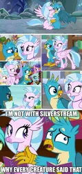 Size: 779x1641 | Tagged: safe, derpibooru import, edit, edited screencap, screencap, cozy glow, gallus, ocellus, sandbar, silverstream, changedling, changeling, classical hippogriff, earth pony, gryphon, hippogriff, pegasus, pony, a matter of principals, school daze, the hearth's warming club, what lies beneath, engrish, female, filly, gallstream, male, obvious, shipping, straight