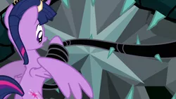 Size: 1280x720 | Tagged: safe, derpibooru import, tree of harmony, twilight sparkle, twilight sparkle (alicorn), alicorn, pony, princess twilight sparkle (episode), big crown thingy, black vine, element of magic, female, flying, jewelry, mare, regalia, spread wings, vine, wings