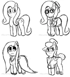 Size: 1022x1115 | Tagged: safe, artist:pagecartoons, derpibooru import, fluttershy, pegasus, pony, fake it 'til you make it, alternate hairstyle, clothes, female, fluttergoth, glasses, hat, hipstershy, mare, monochrome, severeshy, shirt, shorts, signature, simple background, sketch