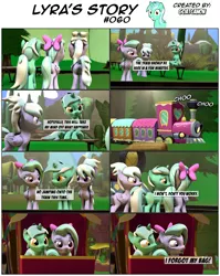 Size: 3929x4924 | Tagged: safe, artist:goatcanon, derpibooru import, cloudchaser, flitter, lyra heartstrings, pegasus, pony, unicorn, comic:lyra's story, 3d, bow, comic, dialogue, female, friendship express, grass, hair bow, mare, open mouth, sky, source filmmaker, train, tree