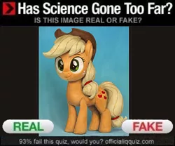 Size: 432x360 | Tagged: safe, artist:assasinmonkey, derpibooru import, applejack, earth pony, pony, female, has science gone too far?, mare, meme, misleading thumbnail, not a plush, photorealistic, plushie, real or fake, solo