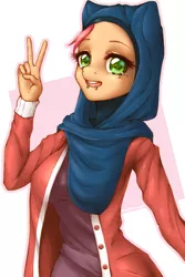 Size: 2835x4252 | Tagged: safe, artist:kindpineapple, derpibooru import, oc, oc:bärmey jäçar, unofficial characters only, anthro, earth pony, anthro oc, breasts, clothes, female, hijab, image, jacket, lip piercing, peace sign, piercing, png, solo