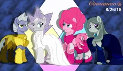 Size: 4096x2373 | Tagged: safe, artist:cinnamon-swirls, derpibooru import, limestone pie, marble pie, maud pie, pinkie pie, earth pony, pony, blue diamond (steven universe), female, pie sisters, pink diamond (steven universe), siblings, sisters, steven universe, white diamond (steven universe), yellow diamond (steven universe)