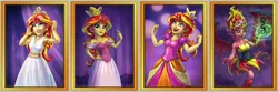 Size: 6600x2200 | Tagged: safe, artist:kp-shadowsquirrel, derpibooru import, sunset shimmer, demon, equestria girls, equestria girls (movie), armpits, big crown thingy, clothes, compilation, crown, dark magic, dress, ear piercing, earring, element of magic, evil laugh, fall formal, fall formal outfits, jewelry, laughing, lipstick, magic, one of these things is not like the others, piercing, realistic, regalia, scene interpretation, smiling, solo, sunset satan, sunset shimmer's prom queen photos, when she smiles