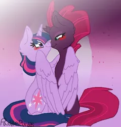 Size: 518x541 | Tagged: alicorn, artist:paddlepudds, derpibooru import, female, hug, lesbian, safe, shipping, tempestlight, tempest shadow, twilight sparkle, twilight sparkle (alicorn), winghug