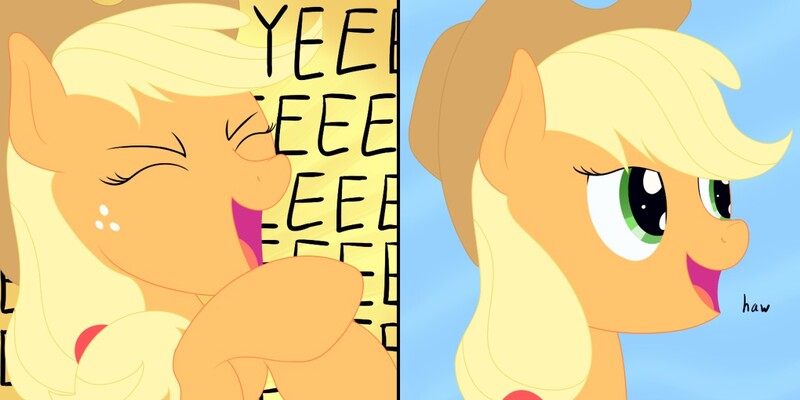 Size: 1280x640 | Tagged: safe, artist:nitei, derpibooru import, applejack, earth pony, pony, 2 panel comic, applejack's hat, bait and switch, bust, cheering, comic, cowboy hat, eyes closed, female, hat, lidded eyes, mare, open mouth, portrait, rearing, simple background, smiling, solo, whispering, yeehaw, yelling