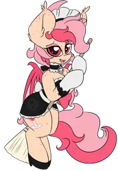 Size: 1003x1462 | Tagged: suggestive, artist:k-kopp, derpibooru import, oc, oc:zoey ann d'quiri, bat pony, bat pony oc, bat wings, bedroom eyes, broom, clothes, collar, female, freckles, maid, shoes, simple background, solo, transparent background, wings