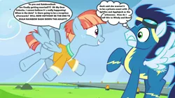 Size: 1280x720 | Tagged: safe, derpibooru import, edit, edited screencap, screencap, rainbow dash, soarin', windy whistles, parental glideance, season 7, capslock, clothes, engagement, excited, female, implied applejack, implied bow hothoof, implied rainbow dash, implied shipping, implied spitfire, implied wedding, male, mothers gonna mother, nervous, oh crap face, runway, shipping, soarindash, speech bubble, straight, text, thought bubble, uniform, wonderbolts, wonderbolts uniform