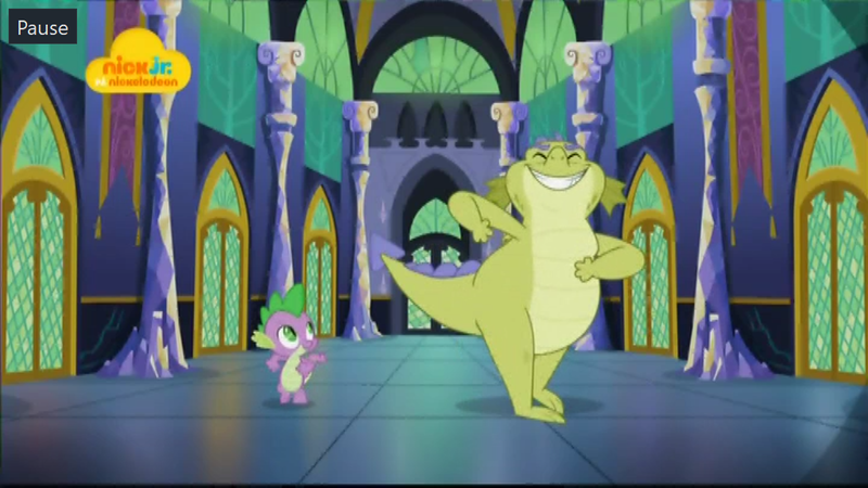 Size: 1024x576 | Tagged: dancing, derpibooru import, dragon, duo, eyes closed, father knows beast, logo, male, nick jr., safe, screencap, sludge (dragon), spike, twilight's castle, winged spike