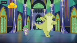 Size: 1024x576 | Tagged: dancing, derpibooru import, dragon, duo, eyes closed, father knows beast, logo, male, nick jr., safe, screencap, sludge (dragon), spike, twilight's castle, winged spike