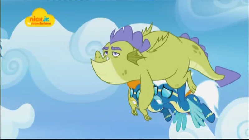 Size: 1024x575 | Tagged: safe, derpibooru import, screencap, blaze, fleetfoot, sludge (dragon), dragon, pegasus, pony, father knows beast, clothes, flying, goggles, heavy, lazy, logo, male, nick jr., too fat, uniform, wonderbolts, wonderbolts uniform