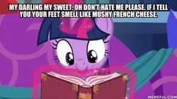 Size: 600x337 | Tagged: a hearth's warming tail, alicorn, book, caption, dave the barbarian, derpibooru import, edit, edited screencap, image macro, meme, safe, screencap, solo, text, twilight sparkle, twilight sparkle (alicorn)