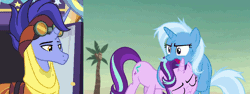 Size: 1280x480 | Tagged: safe, derpibooru import, edit, edited screencap, screencap, hoo'far, starlight glimmer, trixie, pony, saddle arabian, unicorn, road to friendship, animated, clothes, coconut tree, cropped, female, frown, gif, goggles, grumpy, male, mare, messy mane, no, not happy, palm tree, stallion, tree, trixie is not amused, trixie's wagon, unamused, wagon