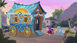 Size: 1280x720 | Tagged: safe, derpibooru import, screencap, starlight glimmer, trixie, pony, unicorn, road to friendship, angry, animated, bruised, caravan, clueless, crying, duo, female, floppy ears, glare, hoo'far's wagon, mare, messy mane, morning, oasis, palm tree, pure unfiltered evil, robes, sad, shocked, smiling, somnambula (location), sound, tree, tree branch, upset, webm