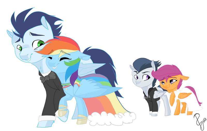 Size: 3248x2061 | Tagged: safe, artist:poowndraww, derpibooru import, rainbow dash, rumble, scootaloo, soarin', clothes, cute, cutealoo, dashabetes, dress, female, flower filly, flower girl, flower girl dress, male, marriage, rainbow dress, rumblebetes, rumbloo, shipping, soarinbetes, soarindash, straight, tuxedo, wedding, wedding dress, white dress