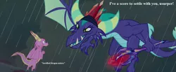 Size: 1241x511 | Tagged: asterix, beware the nice ones, bloodstone scepter, cropped, derpibooru import, descriptive noise, edit, edited screencap, gaius (dragon), rain, scales (character), screencap, semi-grimdark, terrified, text, the hearth's warming club, this will end in death