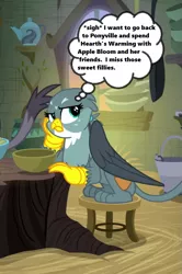 Size: 479x720 | Tagged: safe, derpibooru import, edit, edited screencap, screencap, gabby, grampa gruff, gryphon, the hearth's warming club, blue moon festival, cropped, depressed, griffonstone, hearth's warming, implied apple bloom, sad, stool, text, thought bubble, tree stump, yearning