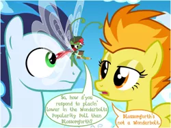 Size: 624x468 | Tagged: source needed, safe, artist:flash equestria photography, derpibooru import, soarin', spitfire, oc, oc:golly g gosh, breezie, pegasus, pony, antennae, beret, breezie oc, clothes, cloud, cross-eyed, dialogue, female, hat, implied blossomforth, insect wings, male, mare, notepad, pencil, speech bubble, stallion, trio, vest, wide eyes, wings
