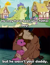 Size: 516x680 | Tagged: best dad ever, daddy, derpibooru import, dragon, edit, edited screencap, father knows beast, g1, g4, guardians of the galaxy, guardians of the galaxy vol. 2, logo, male, meme, nickelodeon, nick jr., rescue at midnight castle, safe, scorpan, screencap, sludge (dragon), spike, spike (g1), surrogate father, winged spike, worst dad ever, yondu