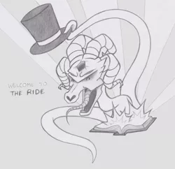 Size: 2239x2166 | Tagged: artist:lockerobster, book, community related, demon, derpibooru import, dialogue, fhtng th§ ¿nsp§kbl, gray background, grayscale, hat, male, monochrome, mr. bones, safe, simple background, solo, sunburst background, them's fightin' herds, top hat, traditional art