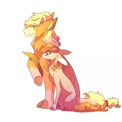 Size: 3000x3000 | Tagged: safe, artist:uunicornicc, derpibooru import, applejack, oc, oc:butterscotch, earth pony, pony, alternate hairstyle, applejack's hat, blank flank, cowboy hat, dappled, duo, female, filly, floppy ears, hat, magical lesbian spawn, mare, offspring, parent:applejack, parent:rarity, parents:rarijack, raised hoof, simple background, sitting, white background, worried