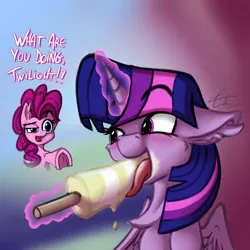 Size: 1200x1200 | Tagged: suggestive, artist:calena, derpibooru import, pinkie pie, twilight sparkle, twilight sparkle (alicorn), alicorn, abstract background, blushing, dialogue, food, frog (hoof), funny, licking, looking at each other, magic, popsicle, suggestive eating, tongue out, underhoof