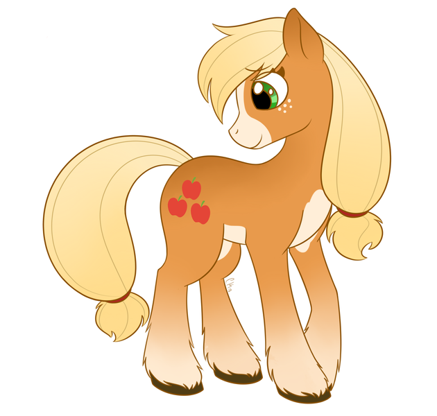 Size: 1982x1887 | Tagged: safe, artist:dippindott, derpibooru import, applejack, earth pony, pony, leak, spoiler:g5, applejack (g5), female, g5, head turn, looking away, mare, profile, simple background, smiling, solo, standing, unshorn fetlocks, white background