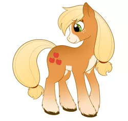 Size: 1982x1887 | Tagged: safe, artist:dippindott, derpibooru import, applejack, earth pony, pony, leak, spoiler:g5, applejack (g5), female, g5, head turn, looking away, mare, profile, simple background, smiling, solo, standing, unshorn fetlocks, white background