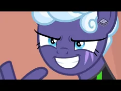 Size: 2048x1536 | Tagged: safe, derpibooru import, screencap, rolling thunder, pegasus, pony, season 8, the washouts (episode), spoiler:s08, australia, black bars, boomerang (tv channel), clothes, eye scar, female, grin, logo, mare, pointing, scar, smiling, solo, teeth, uniform, washouts uniform, widescreen, wing hands, wings