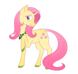 Size: 2029x1939 | Tagged: safe, artist:dippindott, derpibooru import, fluttershy, pony, unicorn, leak, spoiler:g5, colored hooves, cutie mark, female, fluttershy (g5), g5, mare, raised hoof, redesign, simple background, solo, unicorn fluttershy, wavy mouth, white background