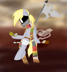 Size: 3812x4098 | Tagged: safe, artist:tixolseyerk, derpibooru import, derpy hooves, pegasus, pony, bandage, clock, clothes, doctor who, female, fourth doctor's scarf, mare, mask, pocket watch, polearm, psychic paper, scarf, sonic screwdriver, weapon
