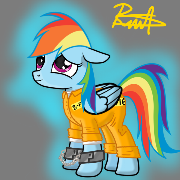 Size: 768x768 | Tagged: safe, artist:thunder burst, derpibooru import, rainbow dash, pegasus, pony, b-f16, clothes, cuffs, never doubt rainbowdash69's involvement, prison outfit, prisoner, prisoner rd, shackles, solo