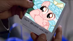 Size: 1050x591 | Tagged: safe, derpibooru import, screencap, cozy glow, pegasus, pony, don't believe her lies, exploitable meme, female, filly, irl, meme, memento, photo, polaroid, pure concentrated unfiltered evil of the utmost potency, pure unfiltered evil
