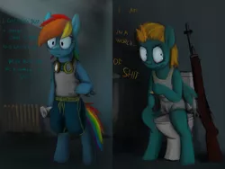 Size: 4000x3000 | Tagged: safe, artist:gordonfreeguy, derpibooru import, lightning dust, rainbow dash, pony, wonderbolts academy, 7.62mm, bipedal, clothes, comic, crossover, flashlight (object), full metal jacket, goggles, gomer pyle, gun, m14, rifle, sitting, this will end in death, this will end in tears, this will end in tears and/or death, toilet, vulgar, weapon, wide eyes